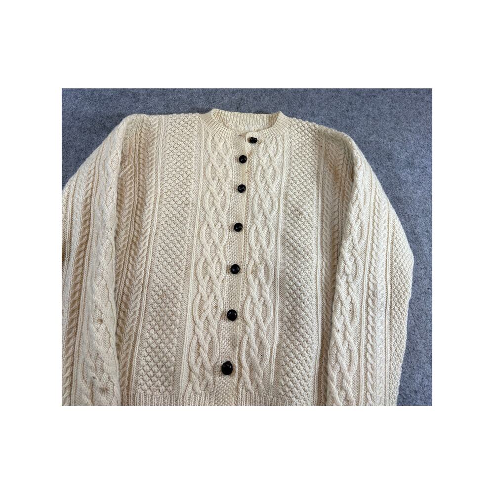 VINTAGE 70s Irish Cardigan Sweater Womens Large Cream Cable Knit Wool Fisherman - Picture 4 of 4